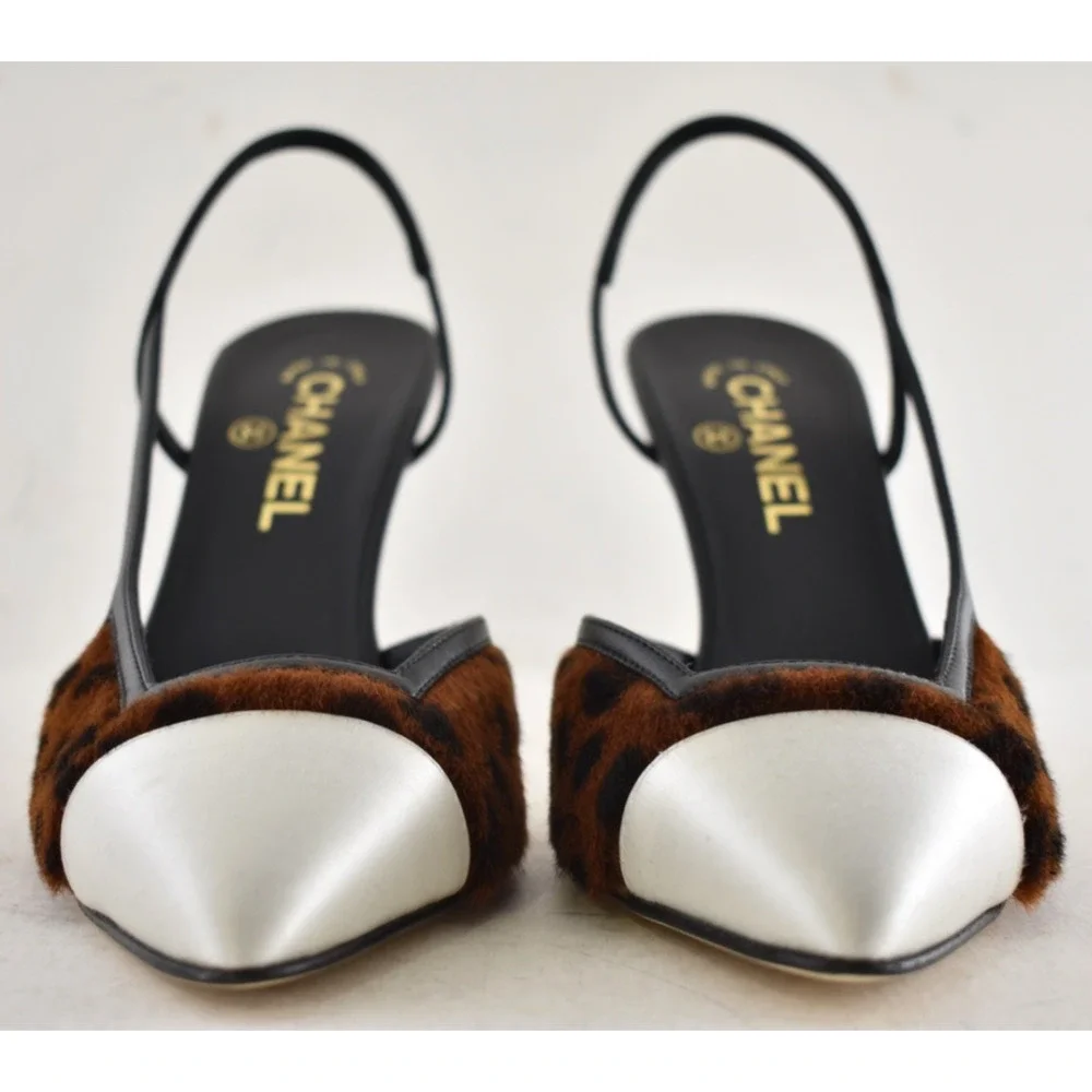 Chanel 26A Brown Leopard Black White Sling CC Gold Logo Slingback Heel Pump 36.5